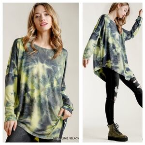 UMGEE Black/Neon Tie Dye Jersey Knit Top Sz 2XL Long Sleeve Crewneck Lagenlook